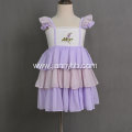 Hot sale purple embroidered chiffon fabric smocked ruffle dress